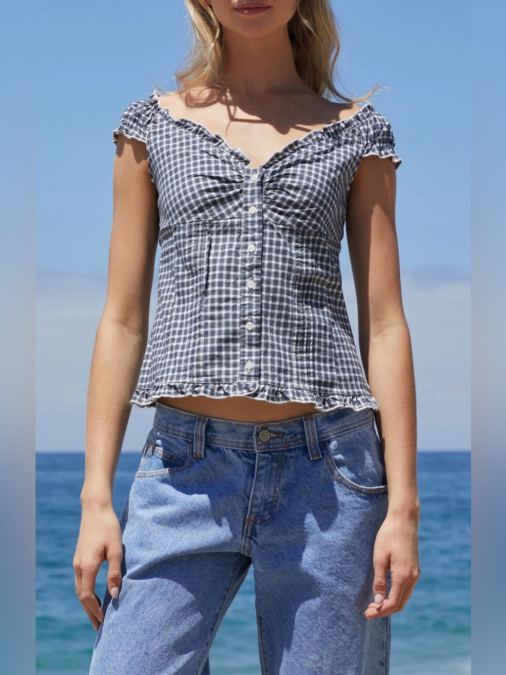 John Galt Pac Sun White & Blue Plaid Elena Top One Size Puff Sleeve Y2K